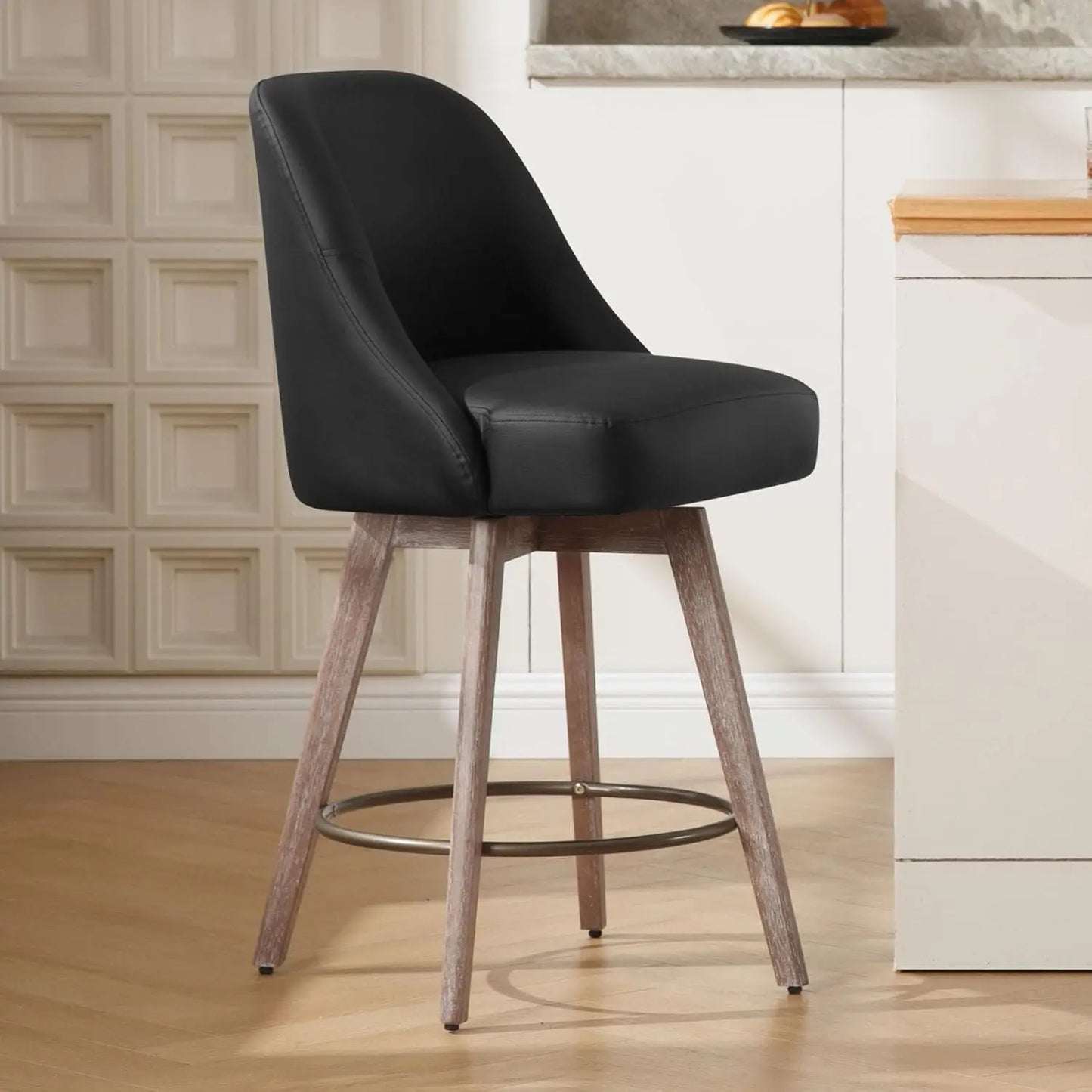 Counter Height Bar Stools Set of 2, Modern Mid-Century Swivel Barstools with Backs and Wood Legs, Linen Fabric Upholstered