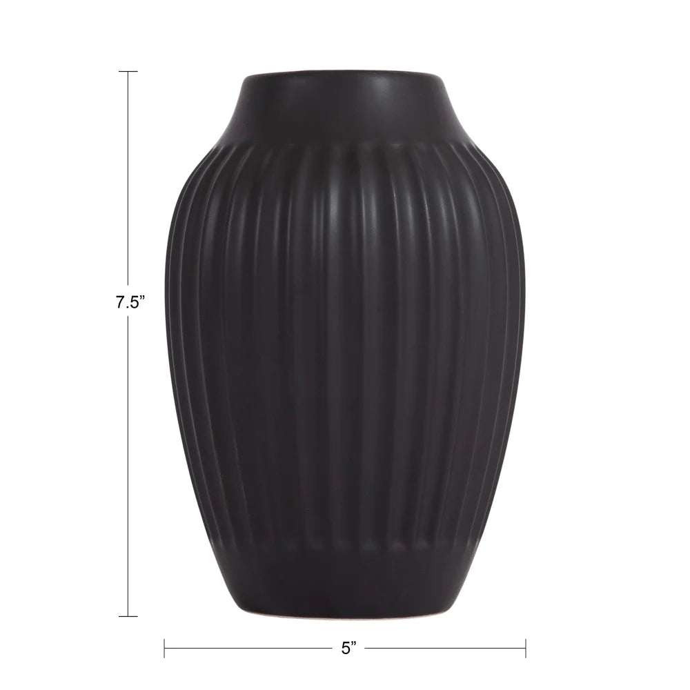 Ribbed Matte Black Ceramic Curved Vase Decorative Home Accent Ideal Floral Arrangements or Tabletop Display Gift All Occasions