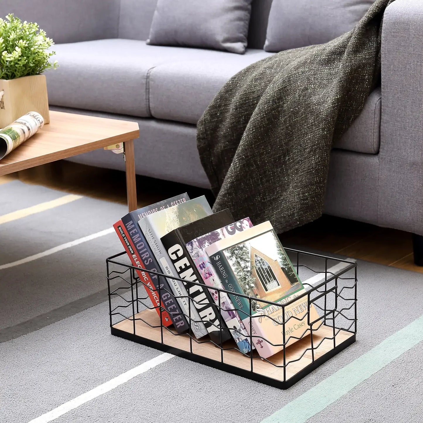 Decorative Black Wire Basket with Wood Board Base