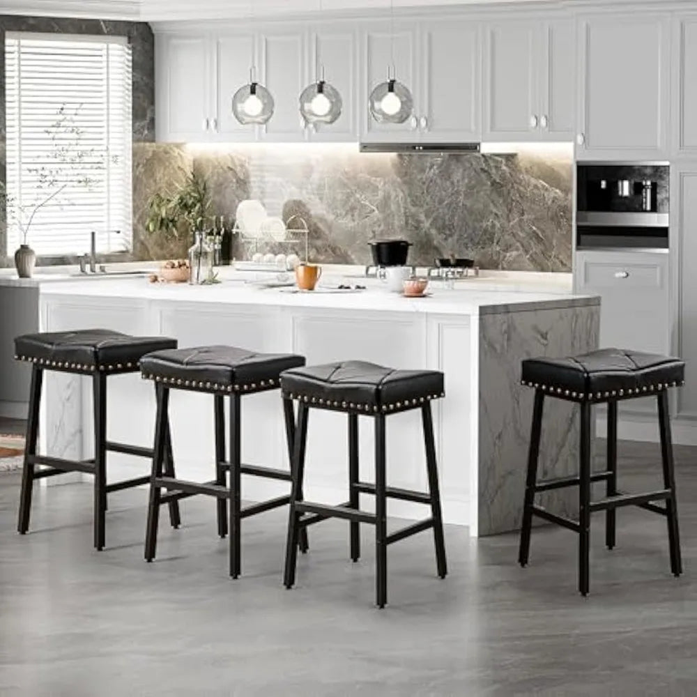 25 inch Counter Height Stools for Kitchen Island, 3.3'' Thick PU Upholstered Saddle Seats, Backless Bar Chairs with Metal Base