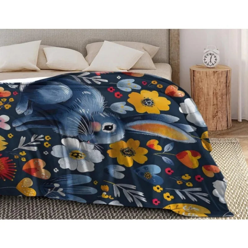 Easter Bunny and Wildflowers Spring Flannel Blanket, Rabbit Floral Colorful Soft Warm Flannel Blanket for Sofa Bed Sofa