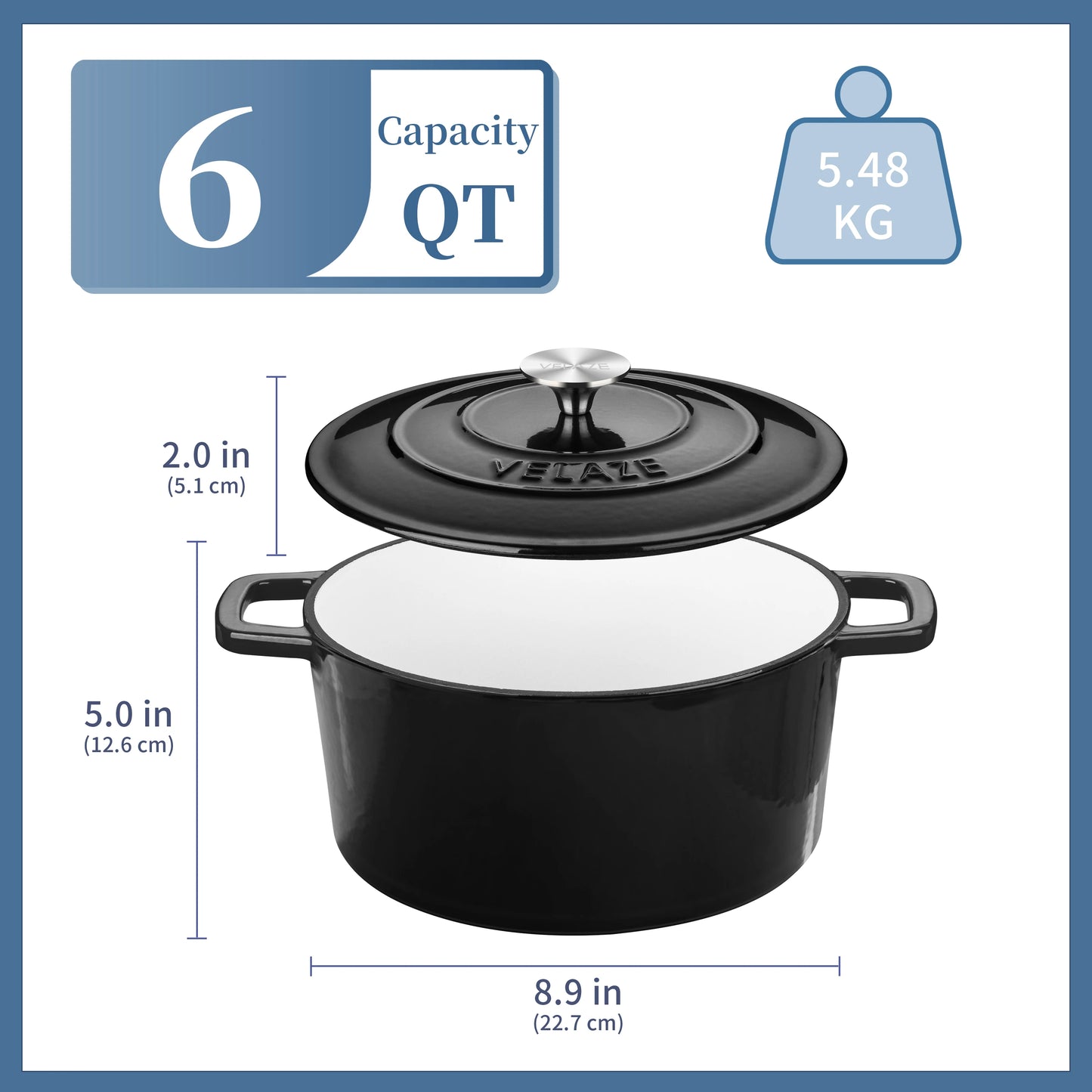 Velaze Dutch Oven 5L Cast Iron Pot with Stainless Steel Knob Lid, Naturally Non-Stick Enamelled Casserole 23cm 3 color Option