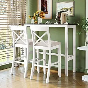 3 Piece Dining Bar Table Set, Counter Height Bar Table and Chair Set Farmhouse Kitchen Table Set with 2 Upholstered Chairs for K
