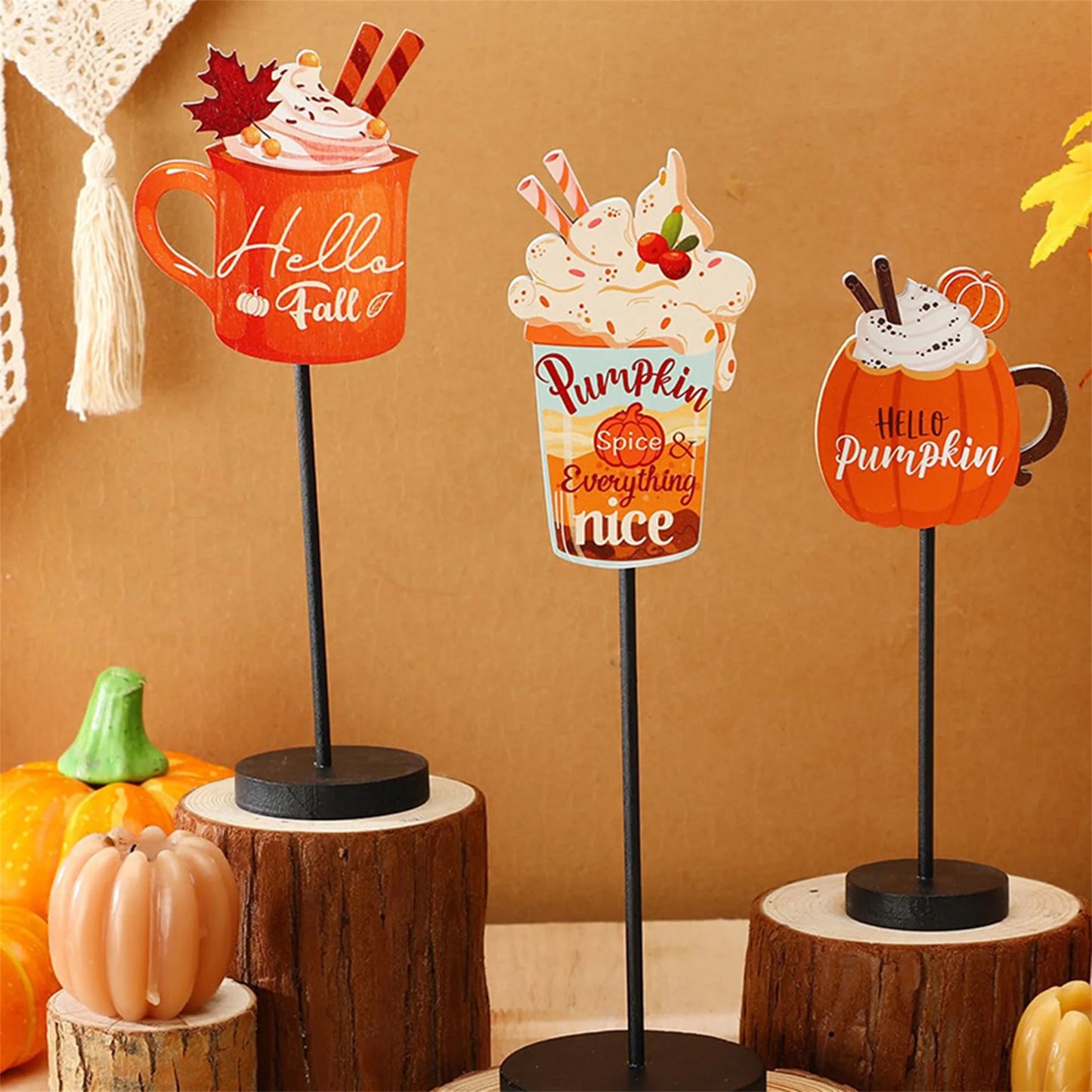 Thanksgiving Harvest Wooden Table Decor Set with Pumpkin Mugs Sign and Centerpieces for Fall Coffee Bar and Indoor Ornament