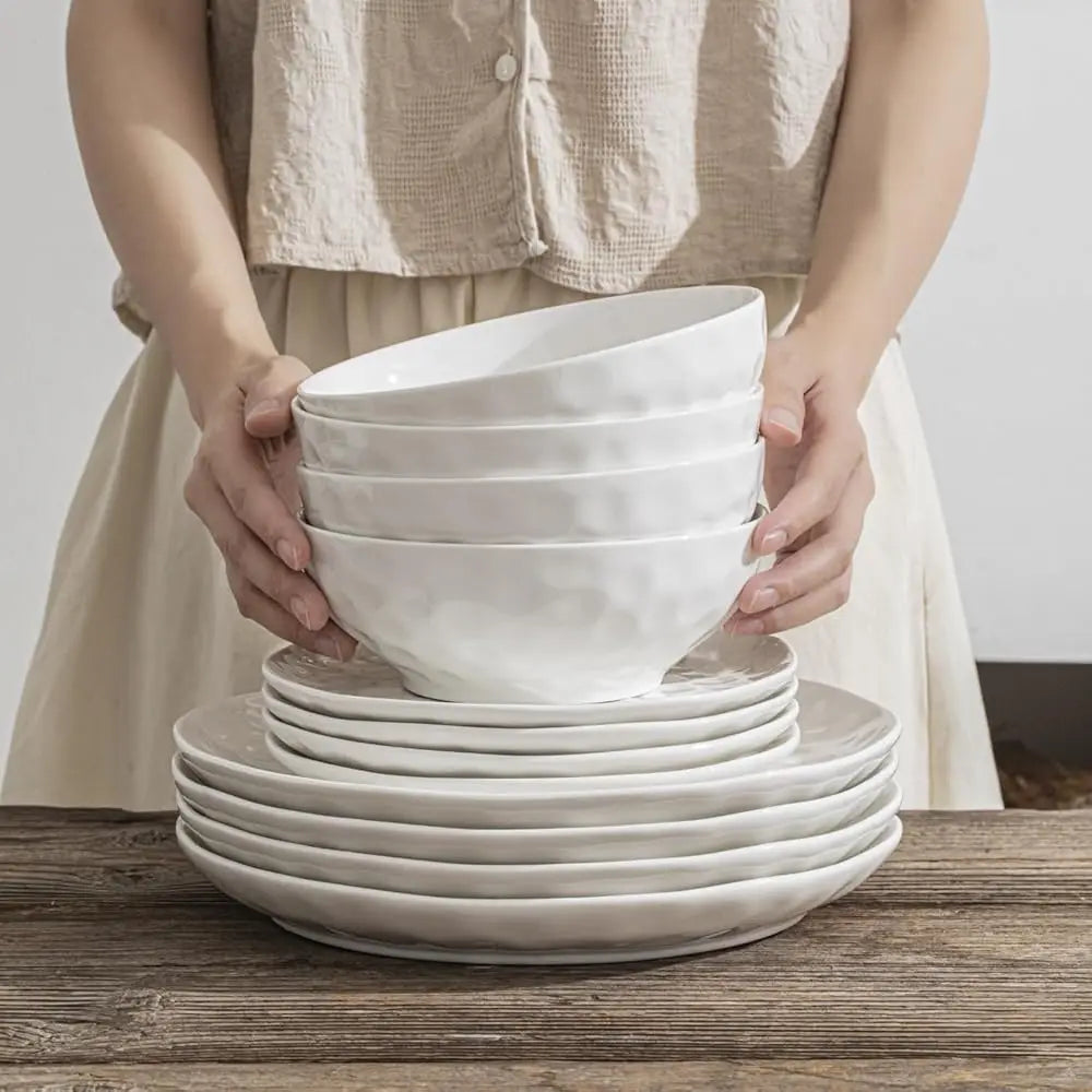 Plates And Bowls Sets, Dinnerware Set 12 Piece Service Porcelain Dinnerware For 4, For Dessert Salad And Pasta, White Dishes