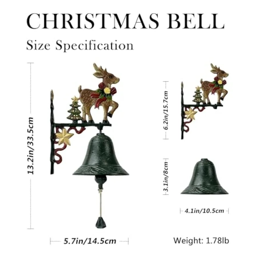 Cast Iron Christmas Dinner Bell for Door Outdoor HandPainted Rustic Doorbell Decor with Santa Reindeer Snowflakes Durable Festi