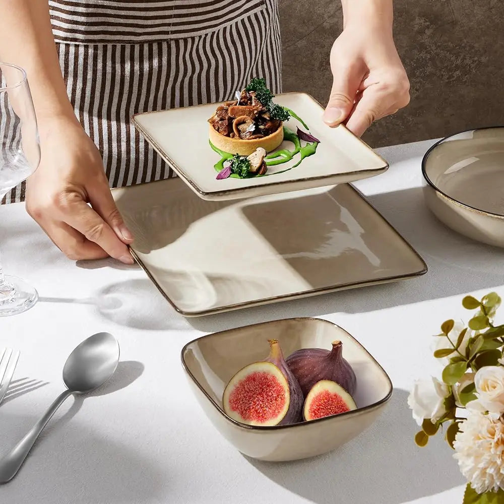 Square Plates And Bowls Sets, 12-Piece Stoneware Dinnerware Sets For 4, Reactive Glaze Dish Set, Chip And Scratch Resistant,