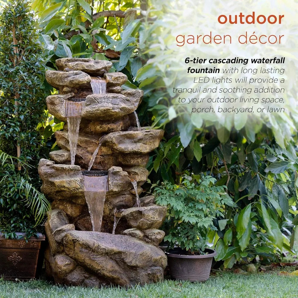 51 inch outdoor 6-story fountain with LED lights and natural stone appearance, suitable for gardens, rock waterfall fountains