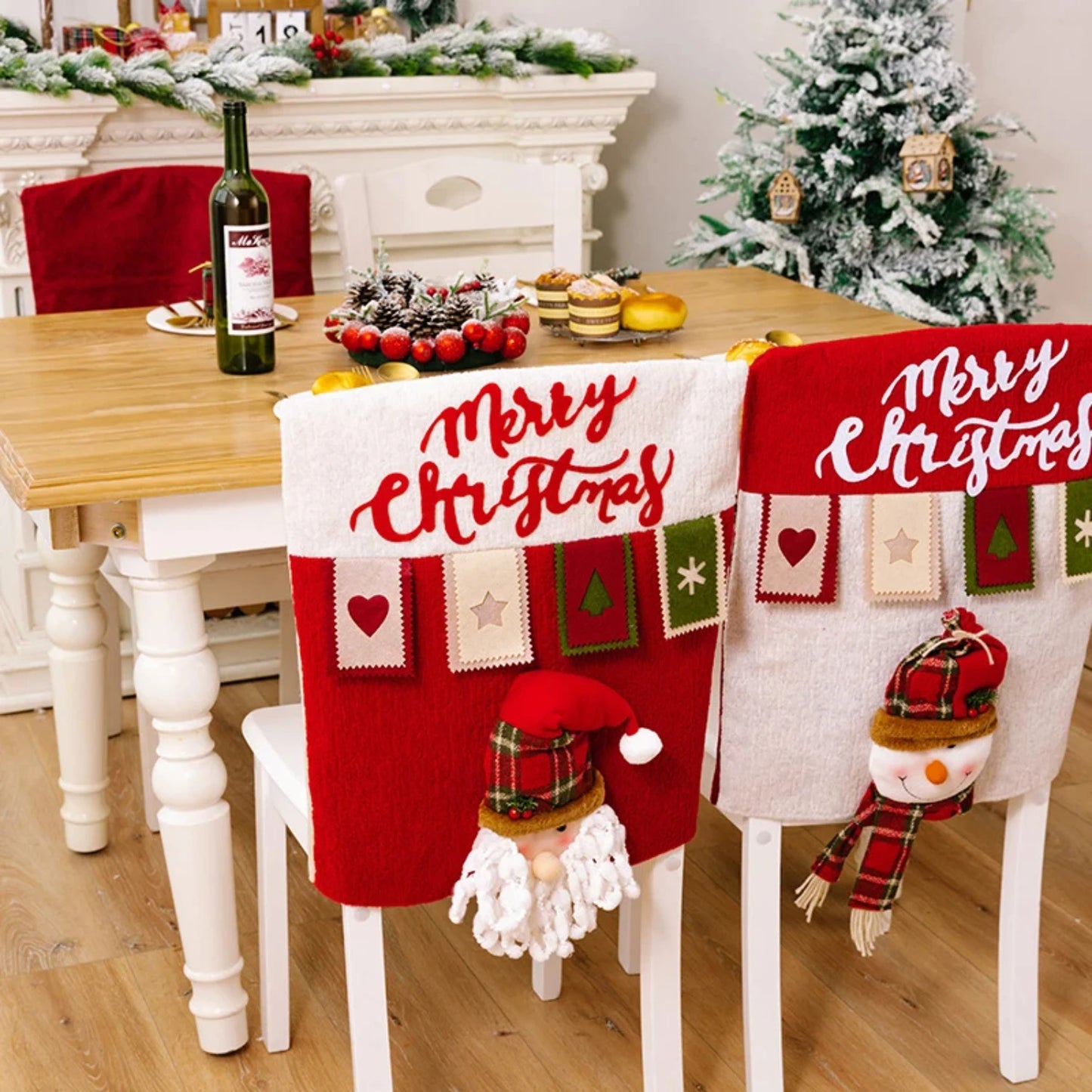 Linen Three-Dimensional Santa Claus Christmas Seat Cover Table Red Hat Chair Back Covers Xmas Decorations Year