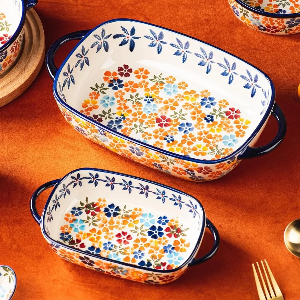 Vintage-Inspired Rectangular Ceramic Baking Dish Set, 2-Piece Handcrafted Porcelain Bakeware with Floral Pattern
