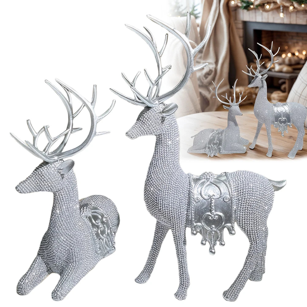 2pcs Beaded Deer Figurines Resin Christmas Reindeer Statue Set Christmas Reindeer Figurines for Christmas Holiday Decor