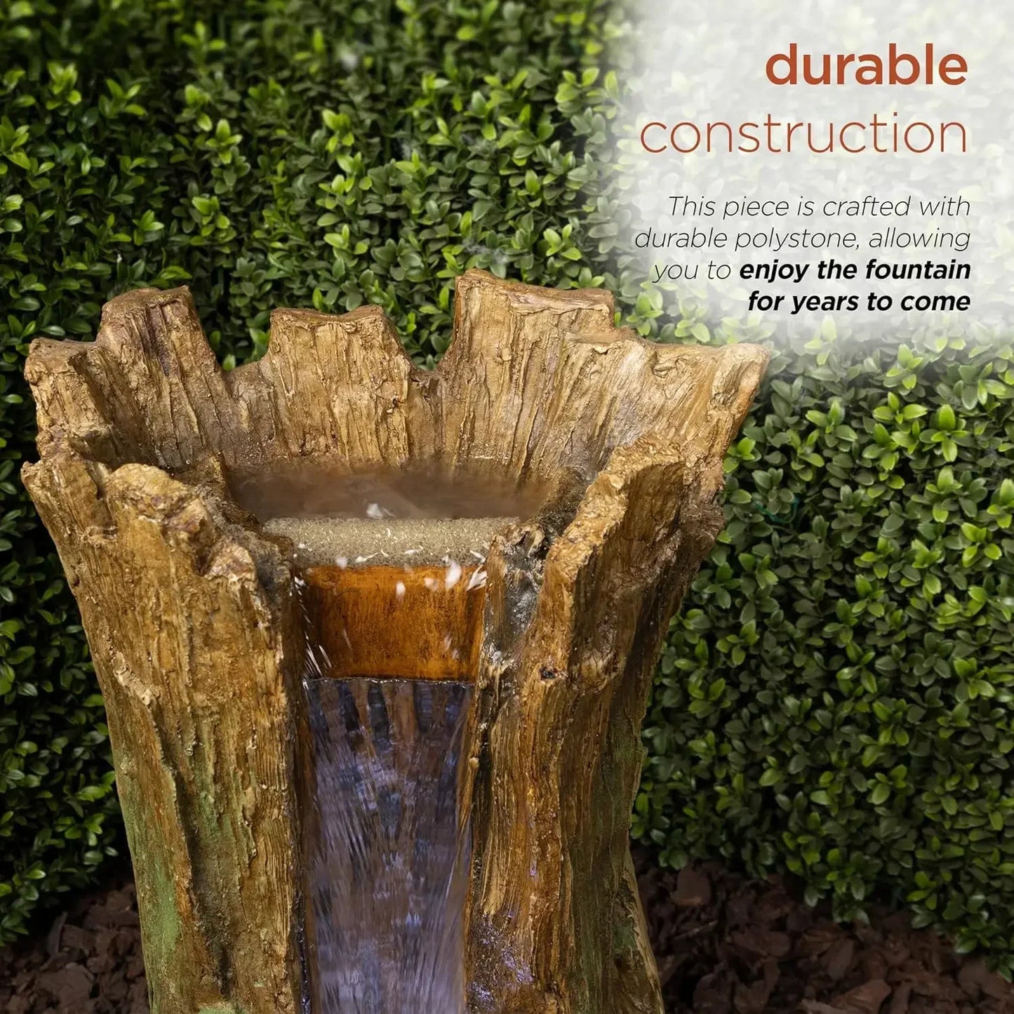 XMSJ.TZL294 Tree Trunk Fountain w/Cool White LED Lights, Waterfall for Garden, Patio, & Lawn, 22" H, Brown