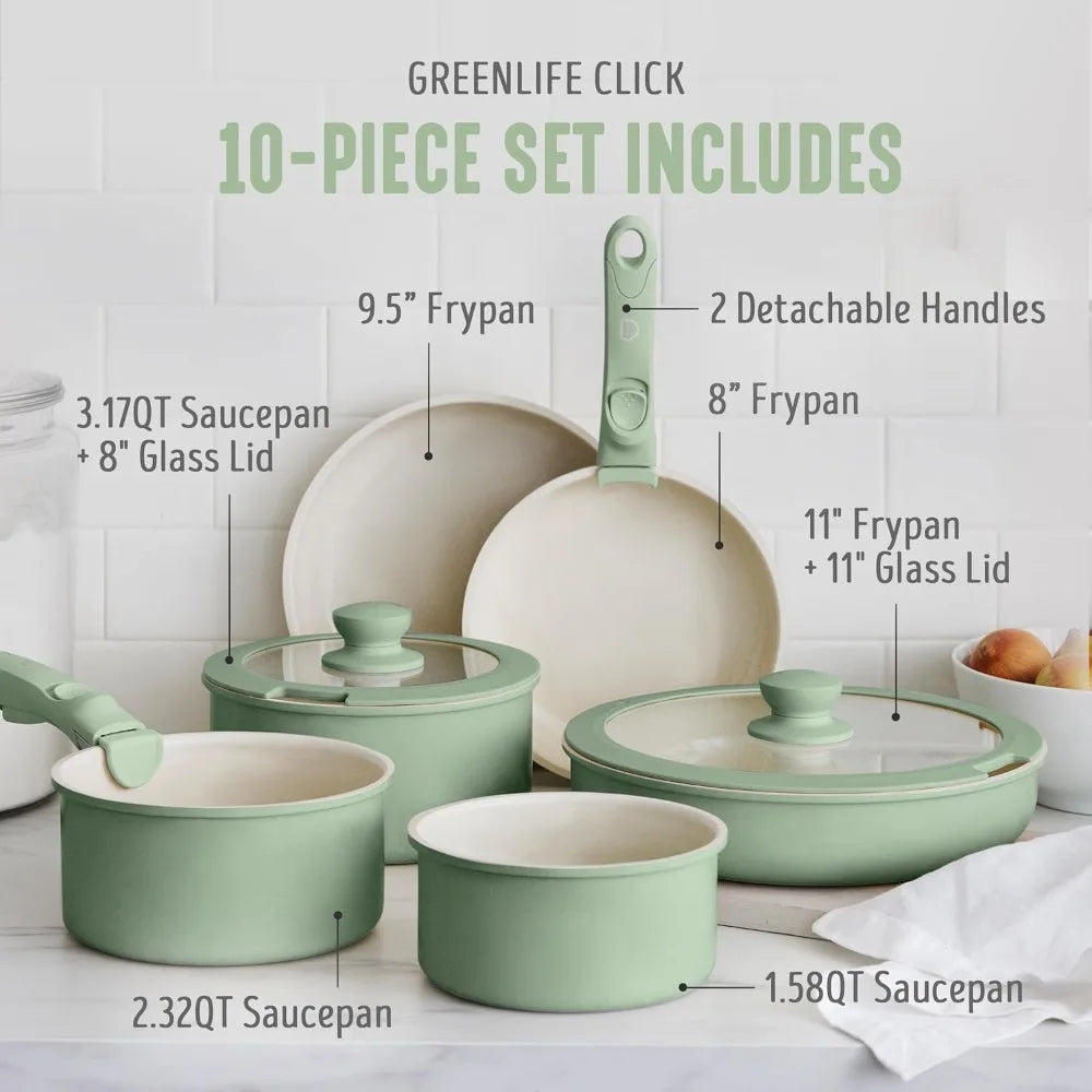 10 Piece Nonstick Pots & Pans Set, Detachable Handle & Stackable Cookware Set, Non Toxic PFAS-Free Skillets, Induction Kitc