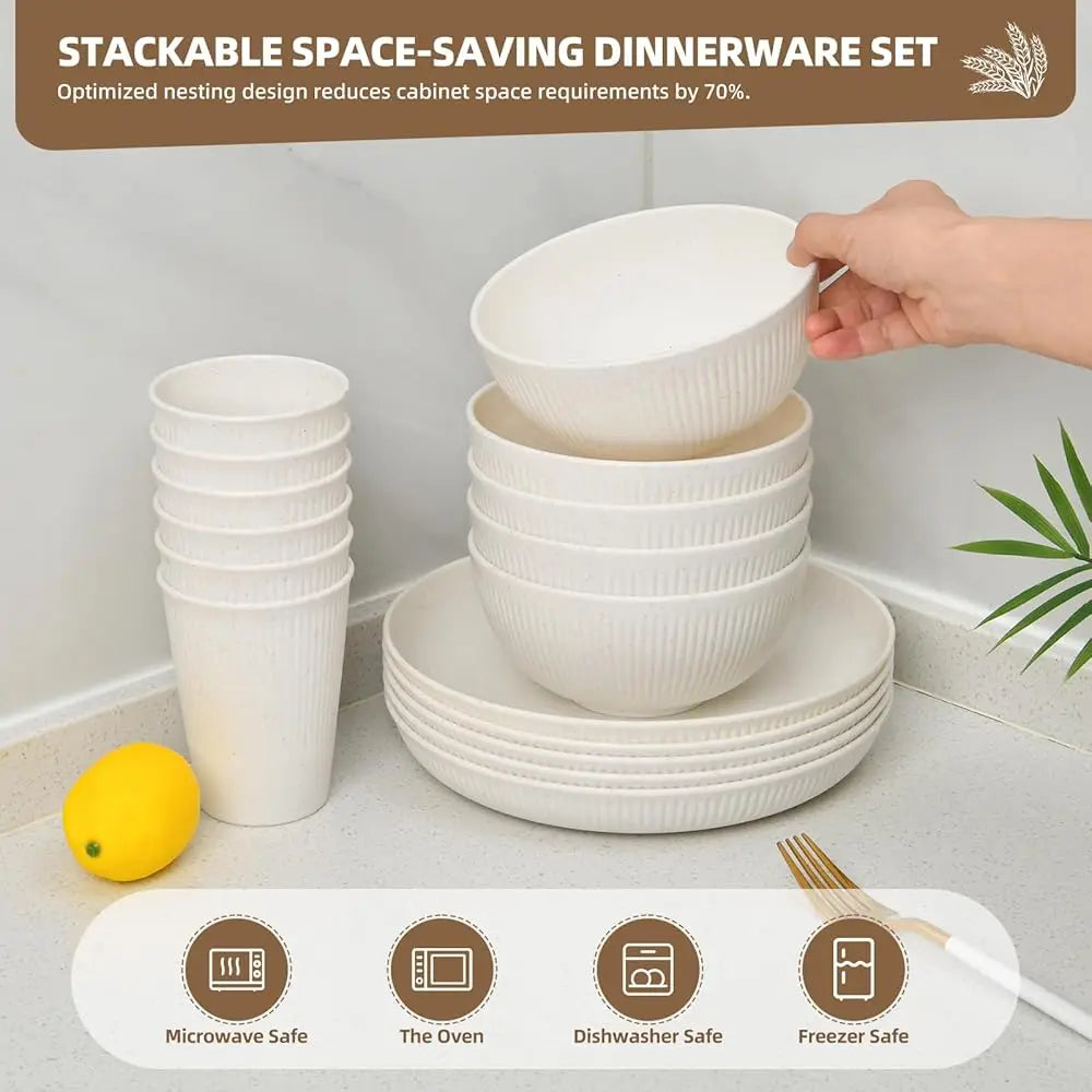 18 Pcs Wheat Straw Dinnerware Sets For 6 - Lightweight & Unbreakable Cups Plates And Bowls Sets Microwave Dinnerware Set For