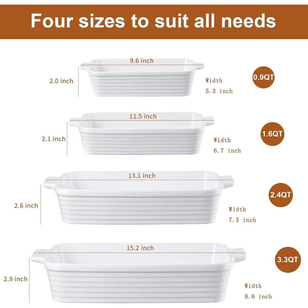 casserole dishes for oven, 4-piece porcelain baking dish, rectangular ceramic bakeware sets with handles, deep lasagna pan for