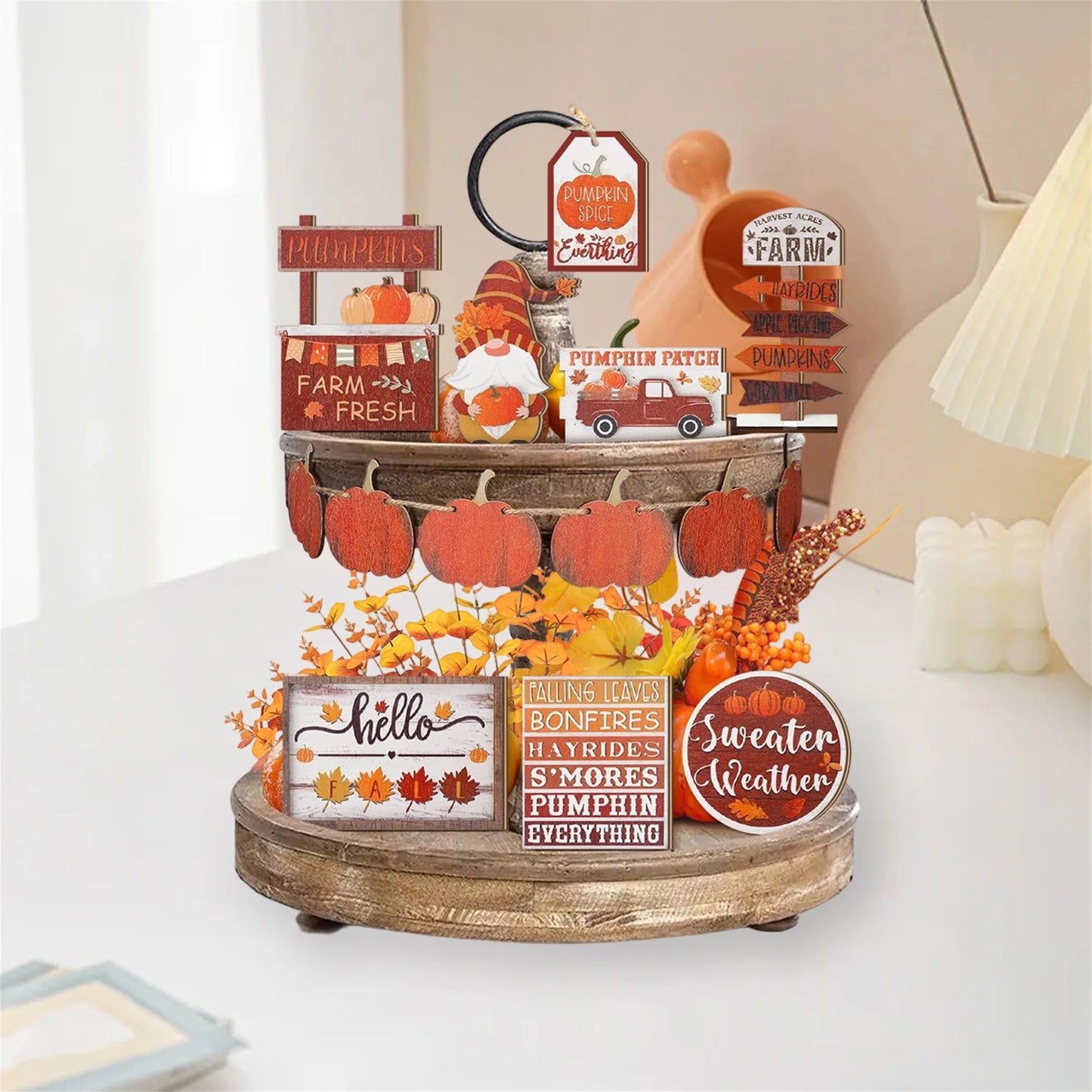 Thanksgiving Harvest Decor Set of 12 Rustic Wooden Pumpkin Maple Leaf Table Centerpieces for Fall Home Party Decorations