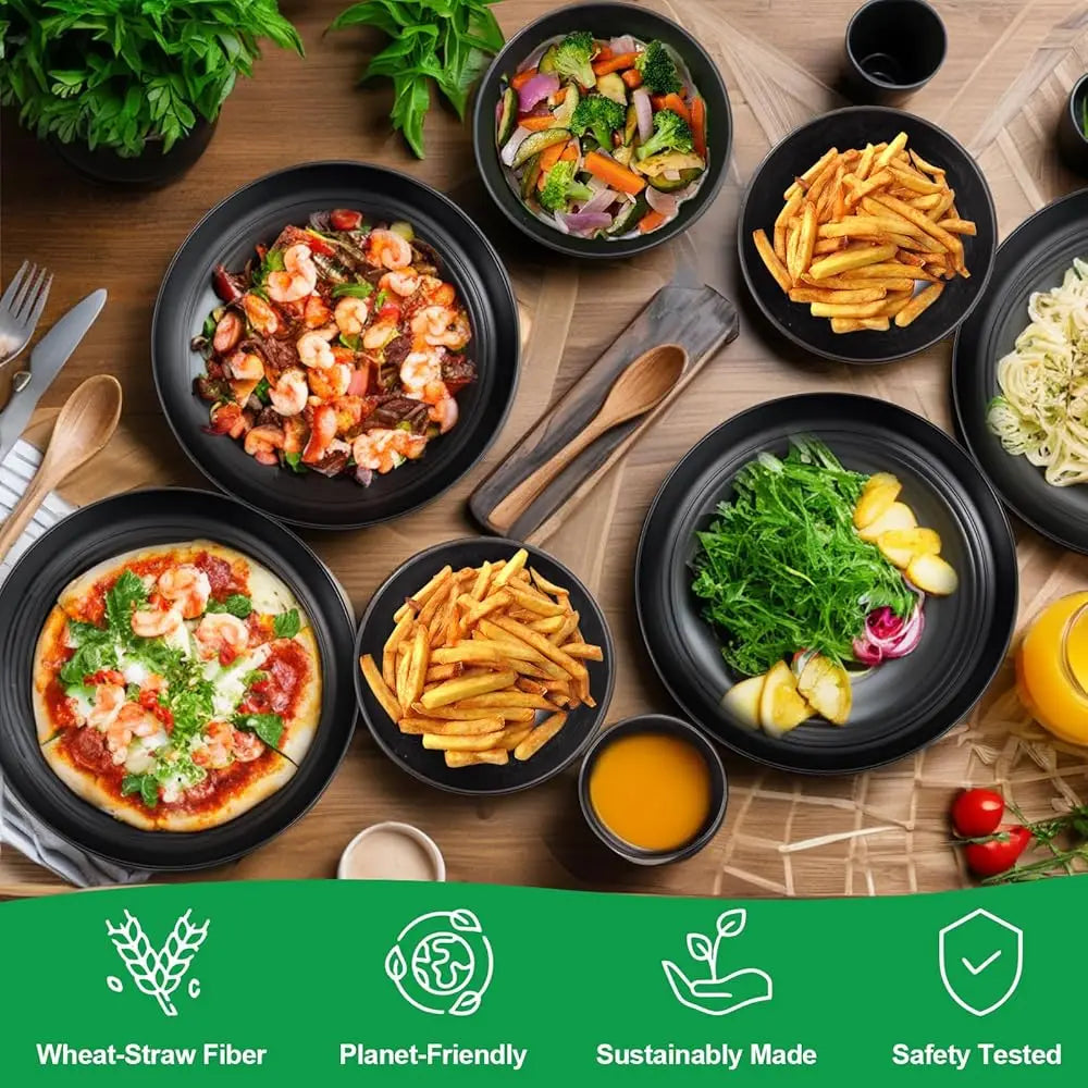 Liyh 16 Pcs Bla Wheat Straw Dinnerware Set - Unbreakable Plates And Bowls Set, Dish Set For 4, Bla Plastic Dinnerware Set Lude
