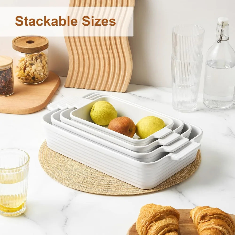 casserole dishes for oven, 4-piece porcelain baking dish, rectangular ceramic bakeware sets with handles, deep lasagna pan for