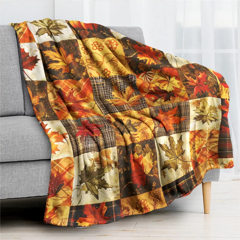 1pc Vintage Autumn Pumpkin and Maple Leaf Plaid Print Flannel Blanket - Comfortable Soft Polyester Fabric, Lightweight