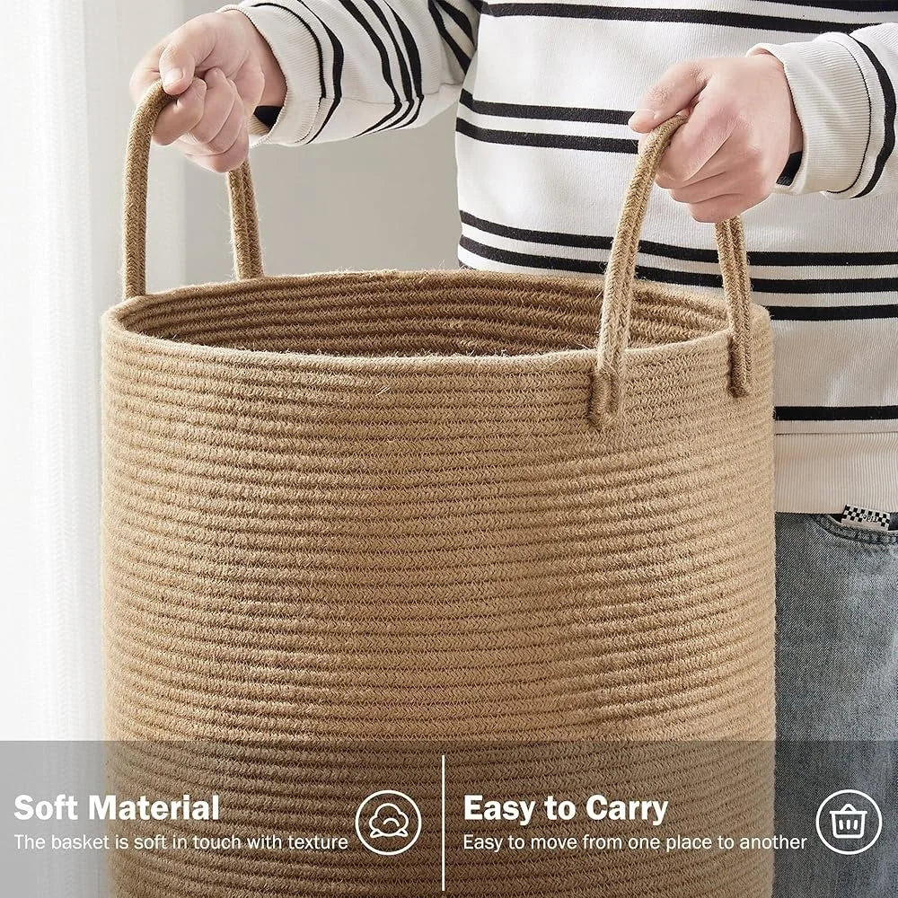 Jute Rope Laundry Hamper Basket Large Storage Clothes Blankets Toys Foldable Round Basket Tall Design with Sturdy Handles