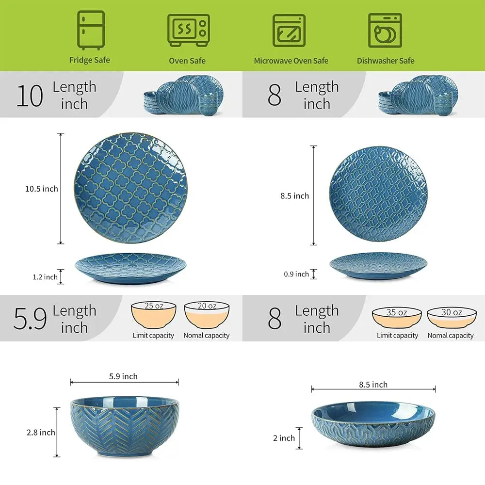 Sureasy Ceramic Dinnerware Set For 4-16 Pieces Emed Plates And Bowls Sets, Scratch Resistant Dish Set, Microwave, Oven &