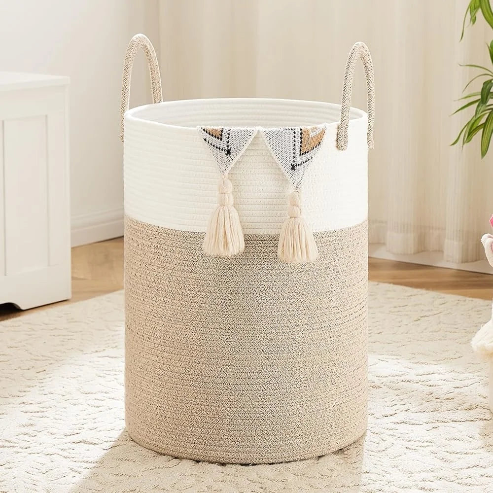 Woven Cotton Rope Laundry Basket Storage Hamper Dirty Clothes Toys Blankets Ideal Bathroom Baby Room Easy to Clean Collapsible