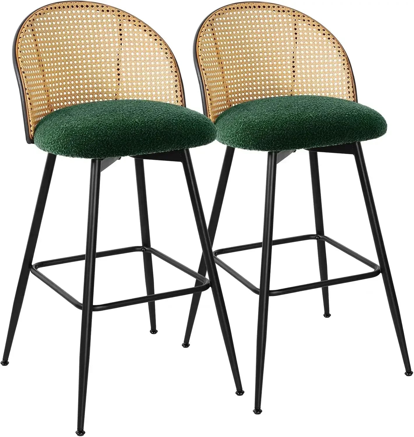 Swivel Bar Stools Set of 2, Mid Century Modern 29" Chairs with Rattan Back and Metal Legs