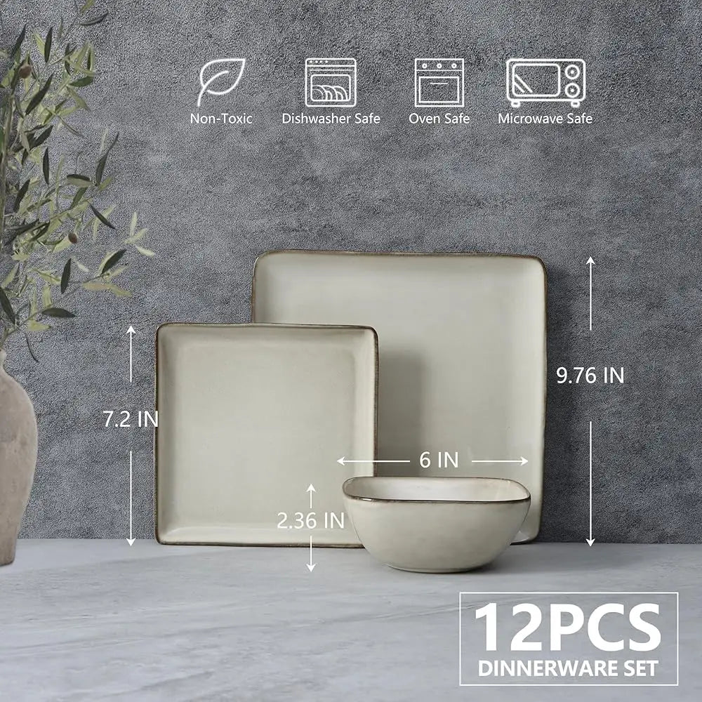 Square Plates And Bowls Sets, 12-Piece Stoneware Dinnerware Sets For 4, Reactive Glaze Dish Set, Chip And Scratch Resistant,