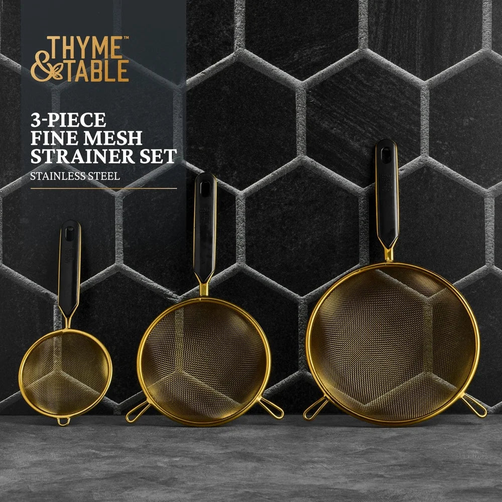 3 Piece Fine Mesh Strainer Set Ergonomic Handles Durable Kitchen Sifter Perfect Flour Pasta Sauces Rinsing Fruits Smooth