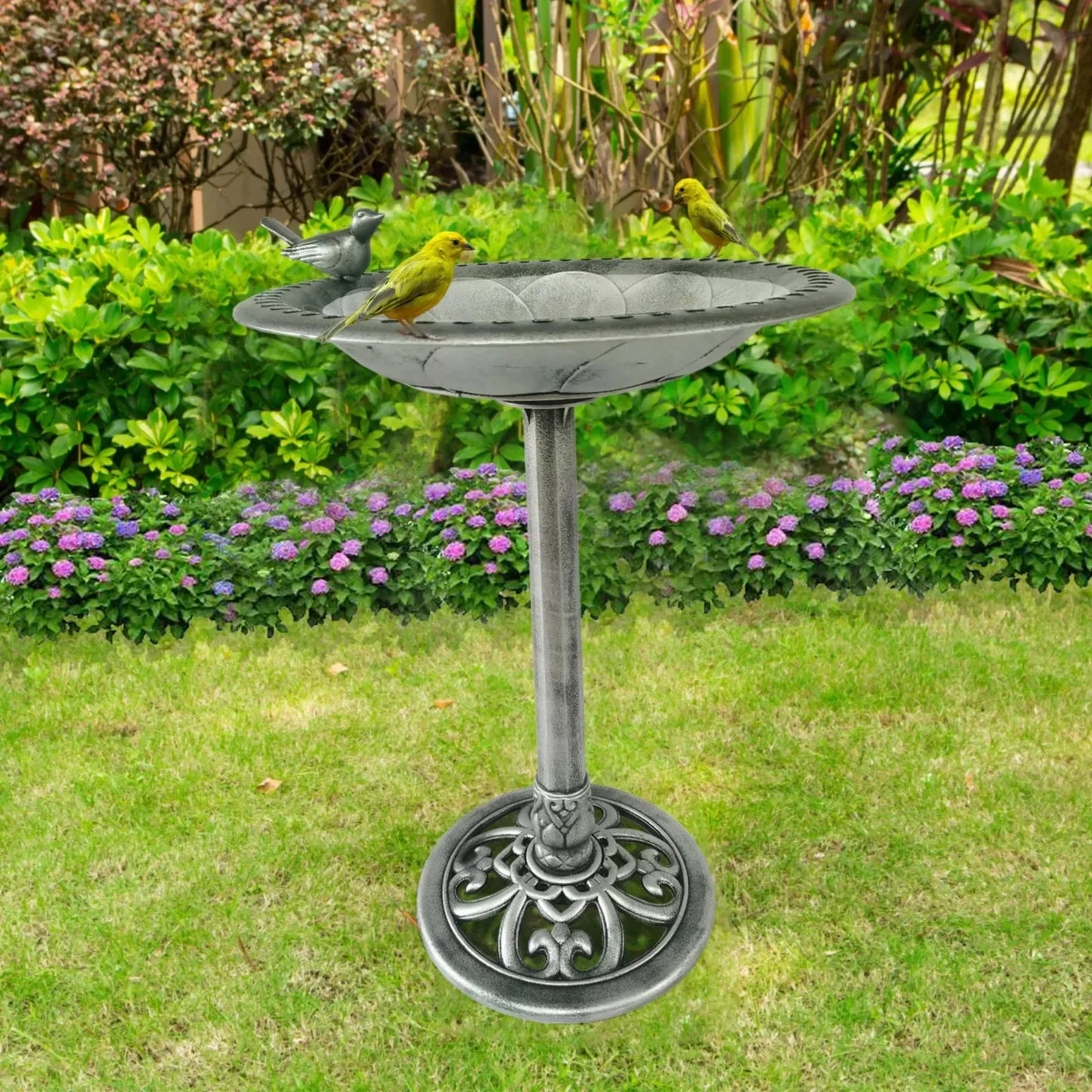 Elegant Silver Bird Bath, 29 Inch Lightweight Polyresin Outdoor Garden Ornament