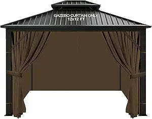 12'x12' Gazebo Curtains Outdoor Waterproof, Khaki Universal Replacement Curtain 4-Panels, Sidewalls with Zipper for Garden, Pati