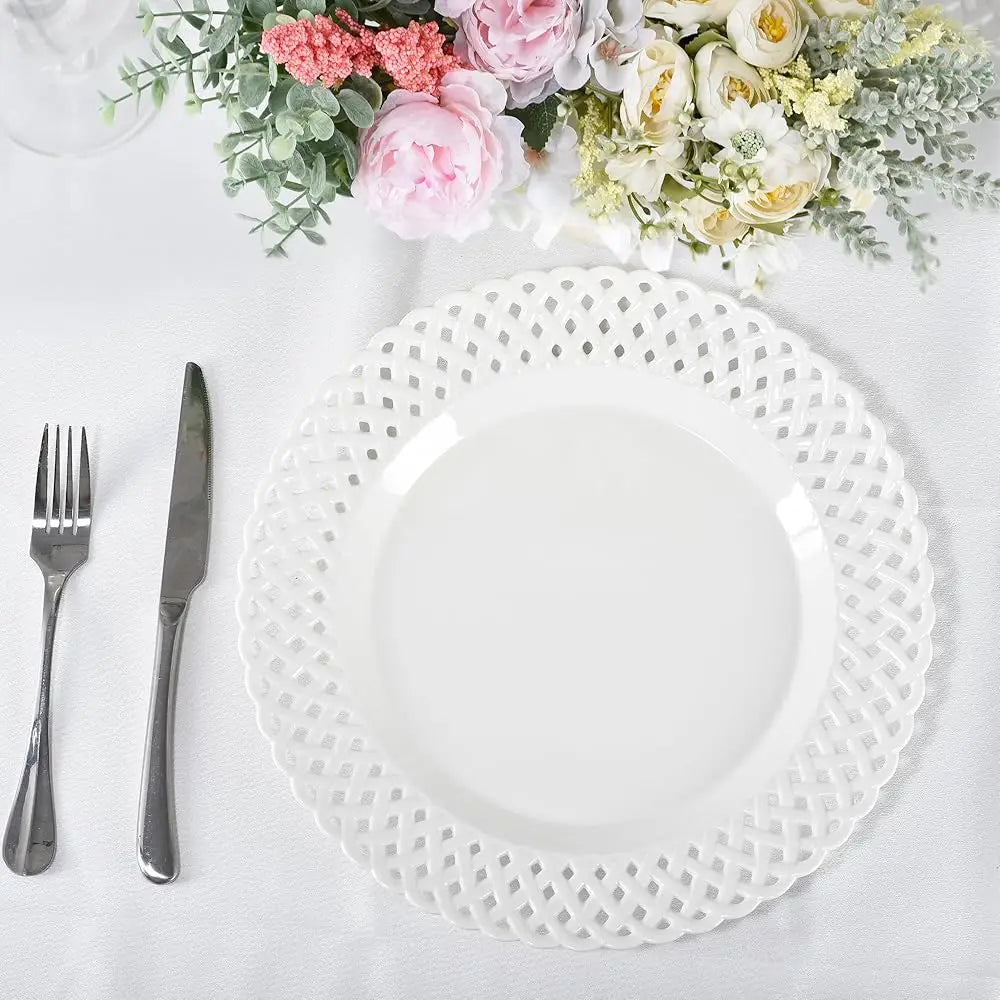 Large White Dinner Plates 12 H, Ceramic Dinner Plates Set Of 4, Basketweave Wide Rim Stackable Hotel Value Round Coupe Shape