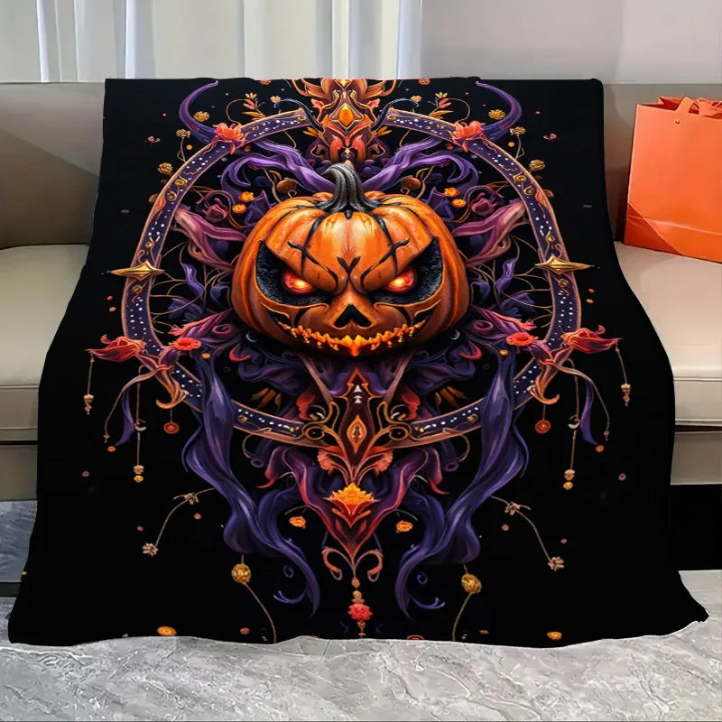 Flannel Blanket-Soft Lightweight All-season Halloween Themed Baby Blanket with Spooky Pumpkin Skeletons and Bats Design