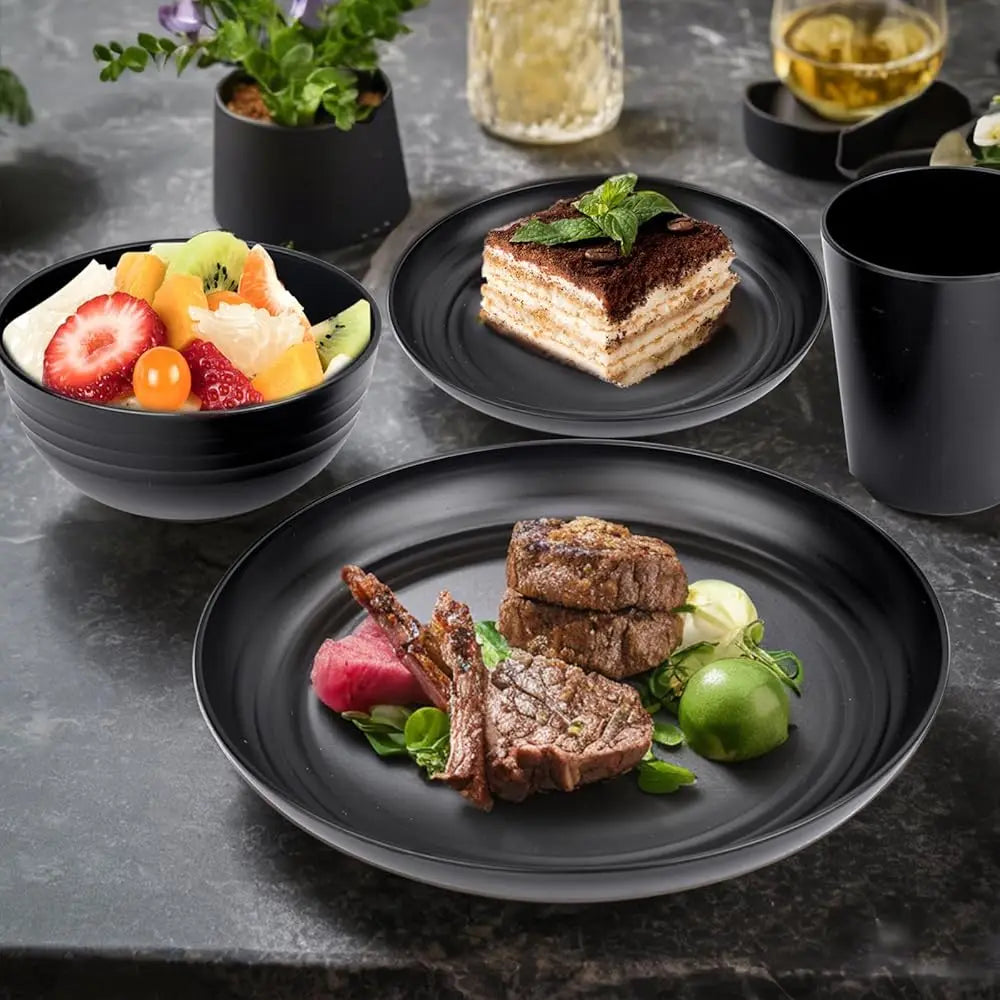 Liyh 16 Pcs Bla Wheat Straw Dinnerware Set - Unbreakable Plates And Bowls Set, Dish Set For 4, Bla Plastic Dinnerware Set Lude