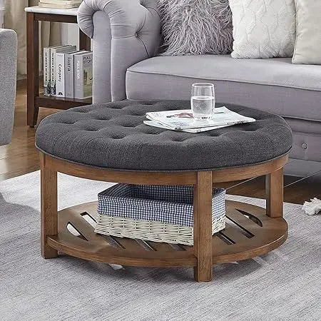 Large Round Upholstered Tufted Linen Ottoman Coffee Table, Large Footrest Ottoman with Wood Shelf Storage-Charcoal