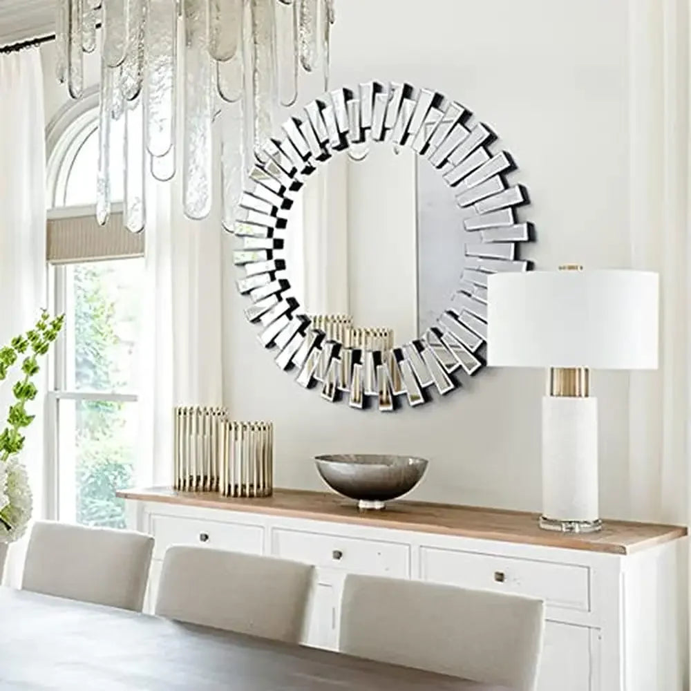 Large Beveled Glass Round Wall Mirror Modern Decorative Accent Mirror Living Room Foyer Bedroom 32''
