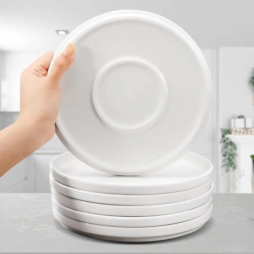 Porcelain Dinner Plates Set Of 6,8 H Round Dessert Salad Plates,White Ceramic Dinner Plate With Lipped Edges For Dessert Salad
