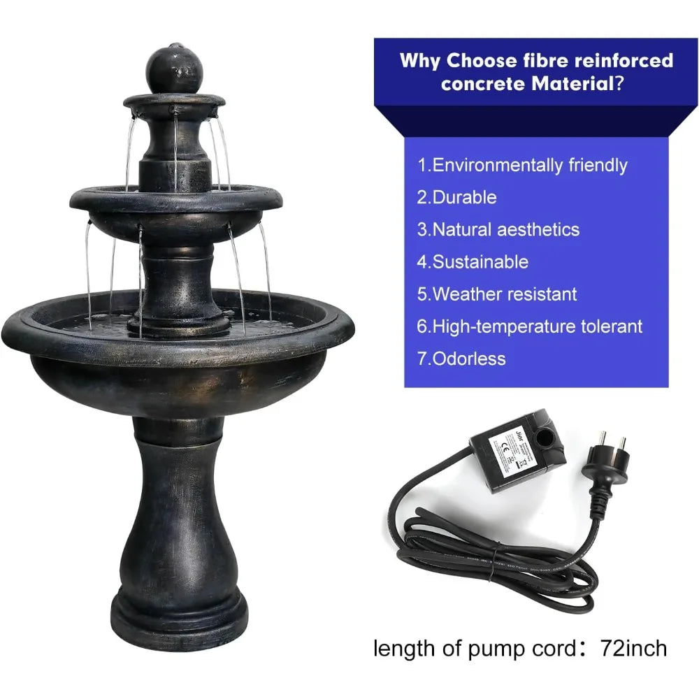 45.2" High 3-tiers Modern Concrete Outdoor Water Fountain - Round Large Outdoor Fountains And Waterfalls For Garden,