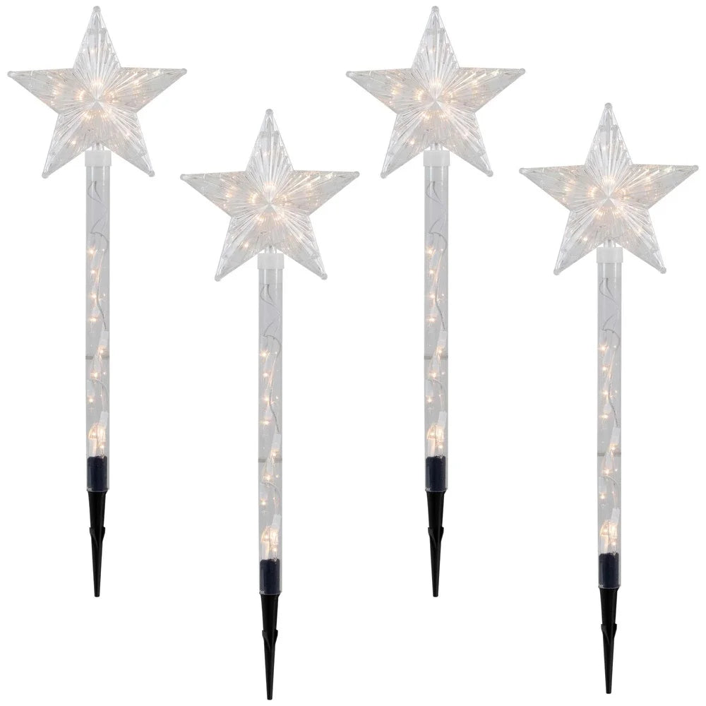 Lighted Star Christmas Pathway Markers 4ct Clear Mini Lights Outdoor Lawn Stakes Decorations Yard Holiday Decoration