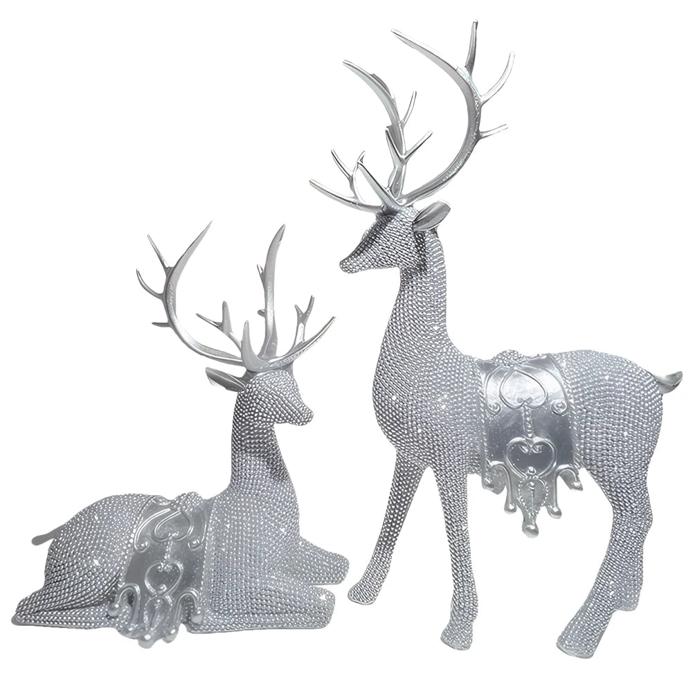 2pcs Beaded Deer Figurines Resin Christmas Reindeer Statue Set Christmas Reindeer Figurines for Christmas Holiday Decor