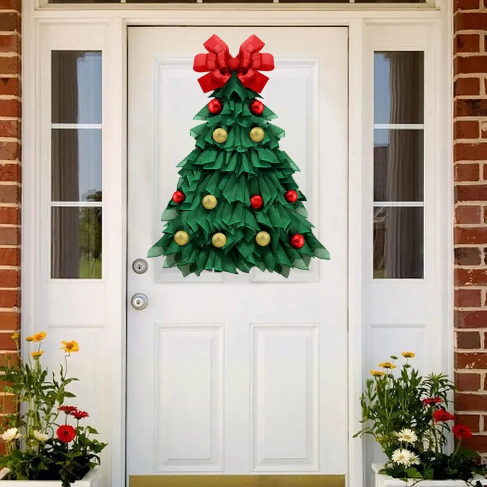 Green Hanging Christmas Wreath Front Door Window Large Xmas Tree Wreath Fabric Door Hanging Wreath New Year Party Decoration