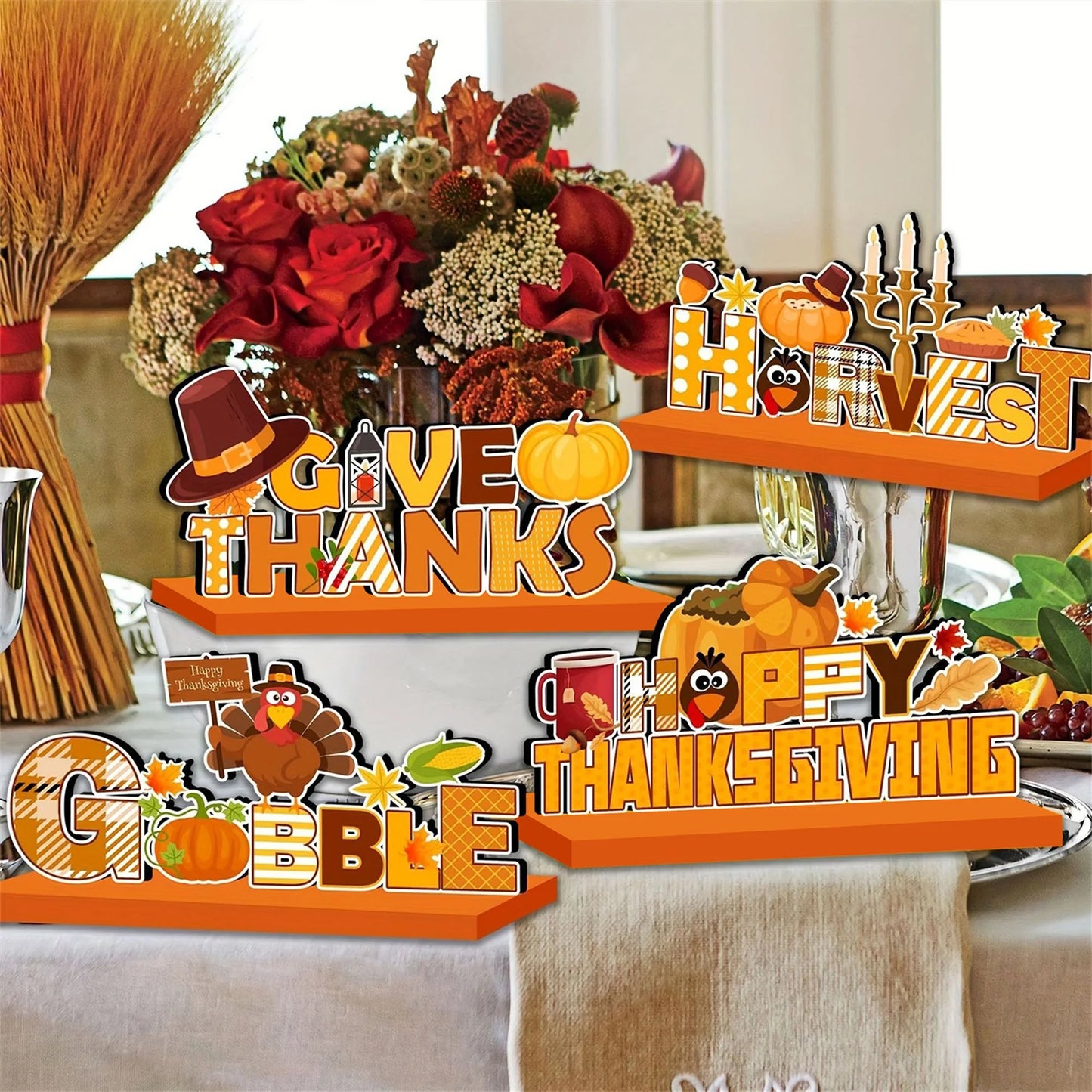 Harvest Pumpkin Centerpiece Fall Table Decor Autumn Thanksgiving Decoration Wooden Desk Ornament Turkey Letters