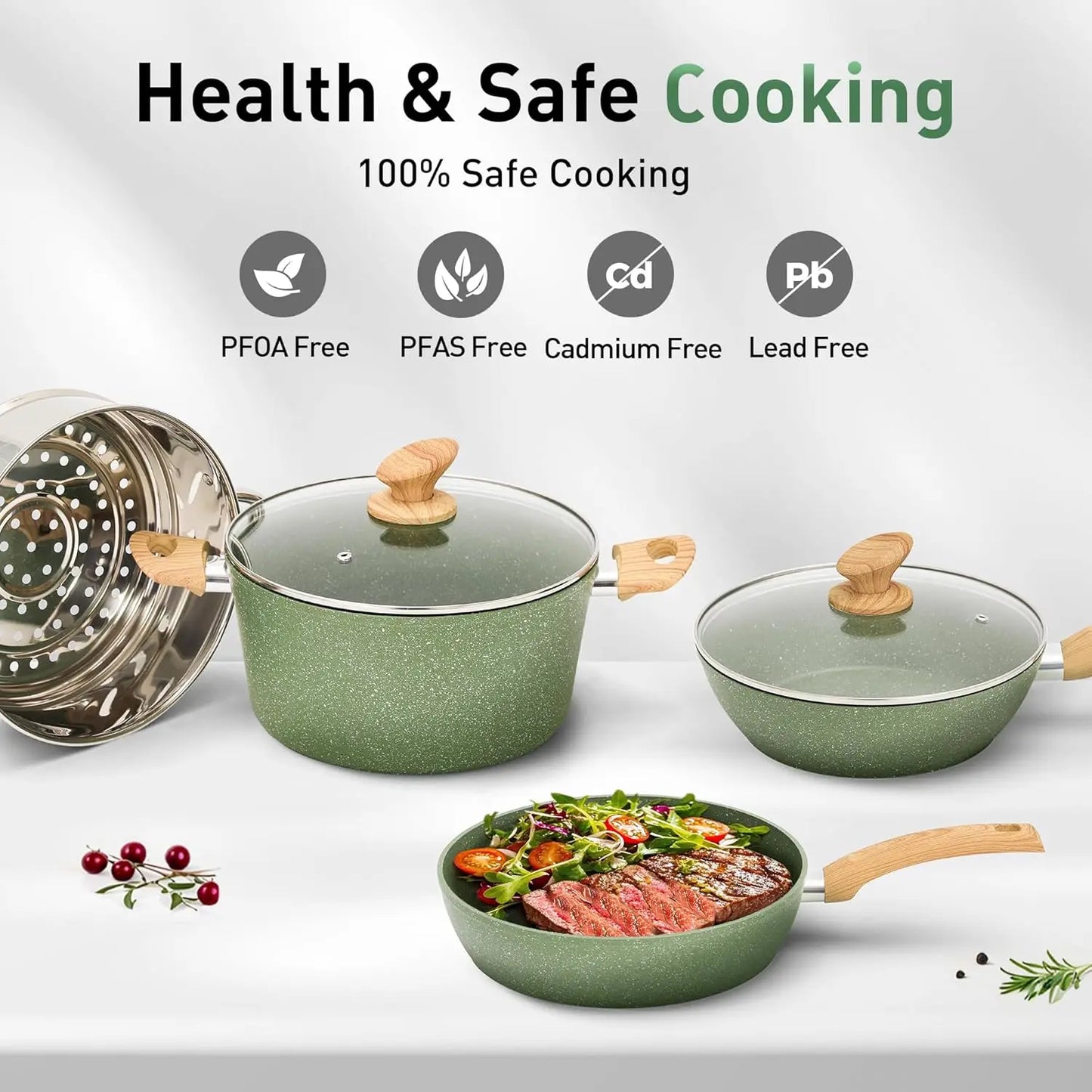17Pcs Sage Green Pots and Pans Set Non Stick, Induction Kitchen Cookware Sets, Nonstick Granite Cooking Pans Set with PFOA&PFOS
