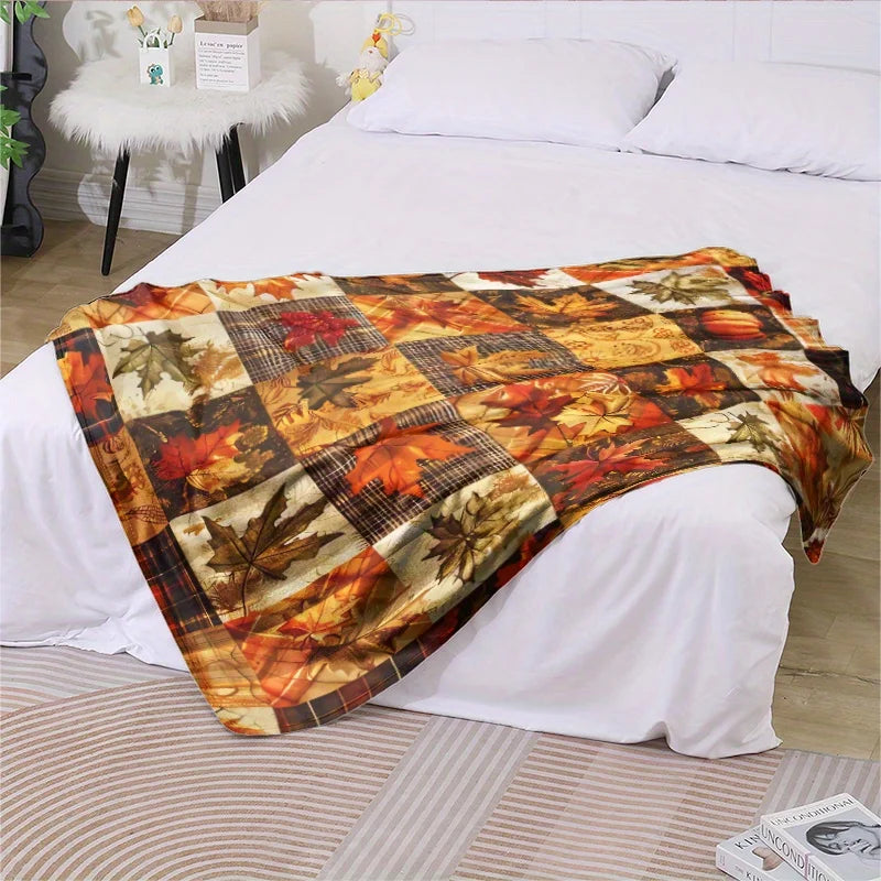 1pc Vintage Autumn Pumpkin and Maple Leaf Plaid Print Flannel Blanket - Comfortable Soft Polyester Fabric, Lightweight