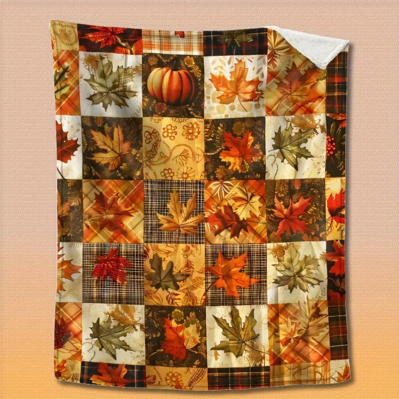 1pc Vintage Autumn Pumpkin and Maple Leaf Plaid Print Flannel Blanket - Comfortable Soft Polyester Fabric, Lightweight
