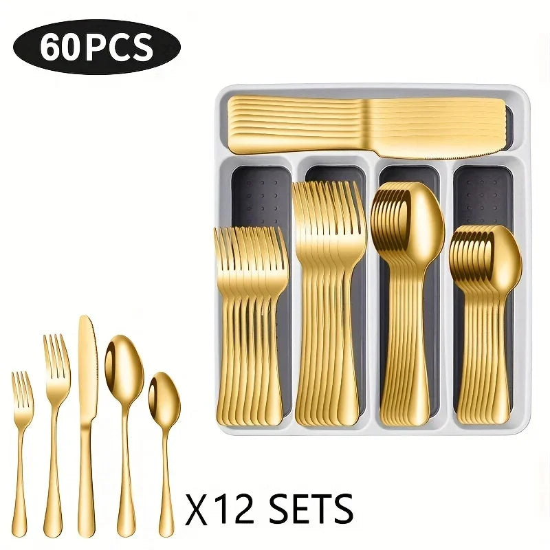 60 Pieces Cutlery Set with Drawer Storage Box Including Knives, Forks Spoons Dishwasher Safe Suitable Dinnerware Set