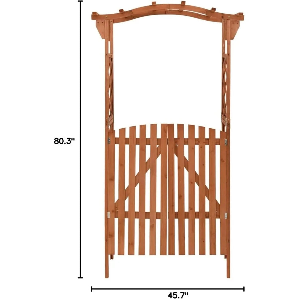 Garden Arch with Gate Firwood Outdoor Climbing Plants Garden Arbor for Lawn, Poolside, Backyard, Patio, Terrace, Outdoor Decora