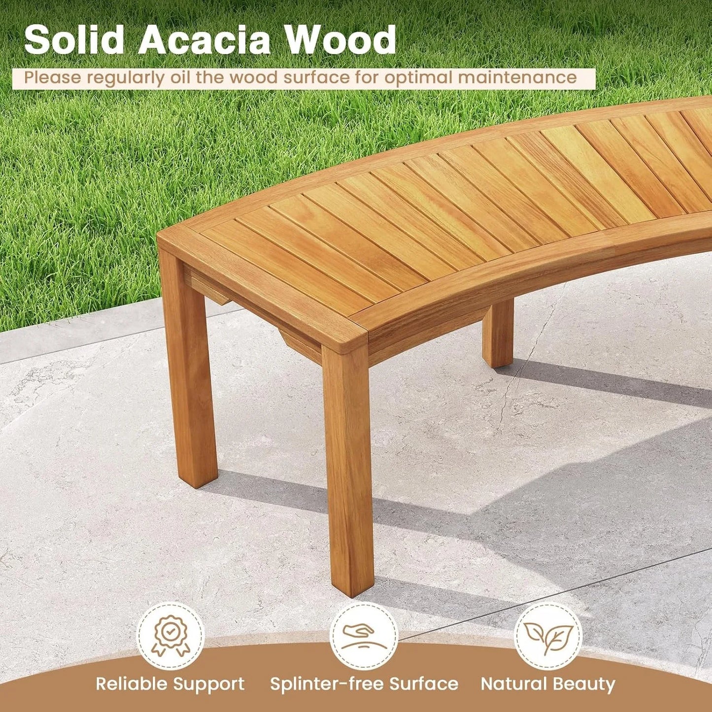 Outdoor Acacia Wood Curved Garden Bench, 2-Person Patio Backless Tree Bench with 800 LBS Capacity, Fire Pit Bench