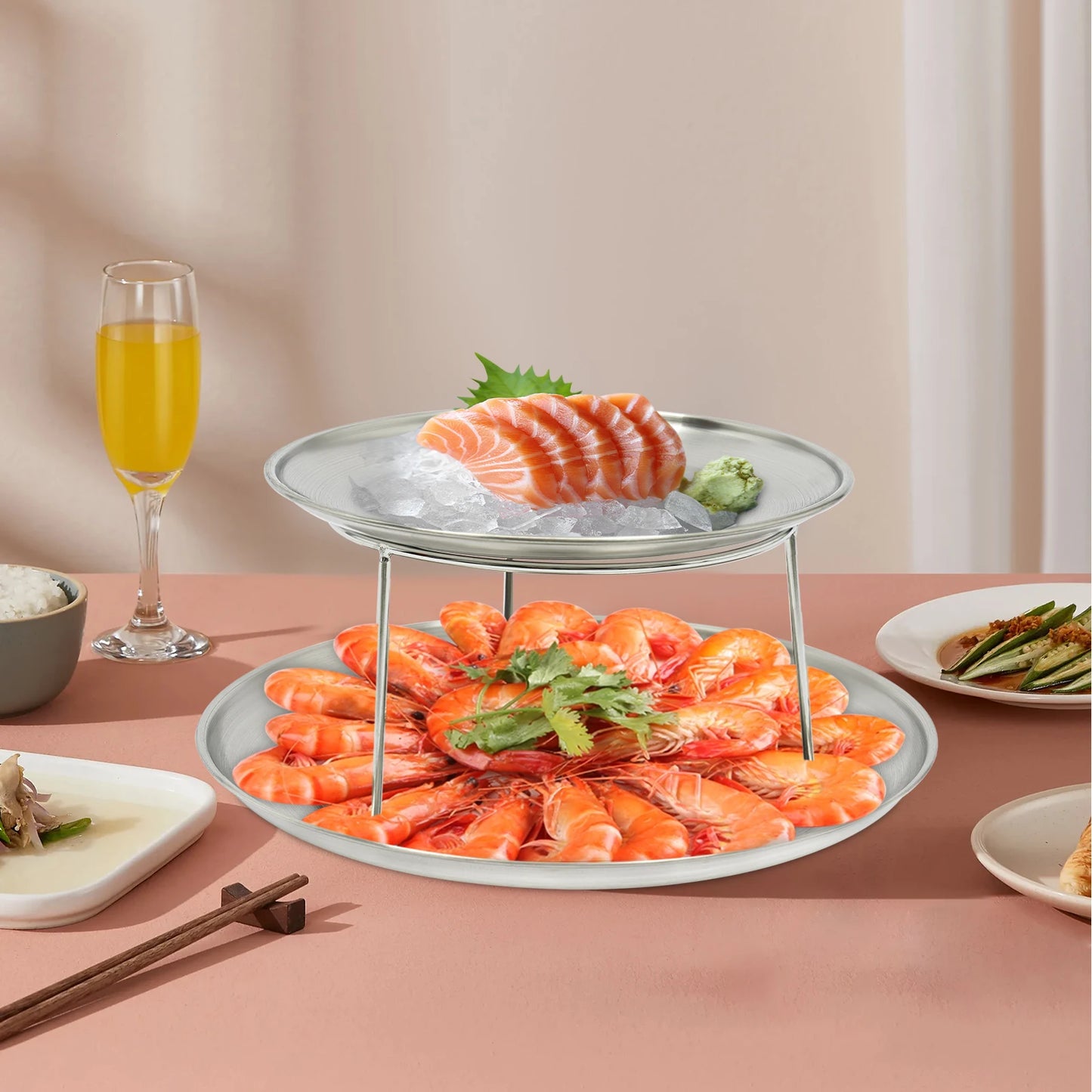 2-Tier Seafood Serving Plate Set, 20cm & 25cm Round Metal Tray with Stand, Silver Appetizer Dish, Sushi Tray, Party Platter