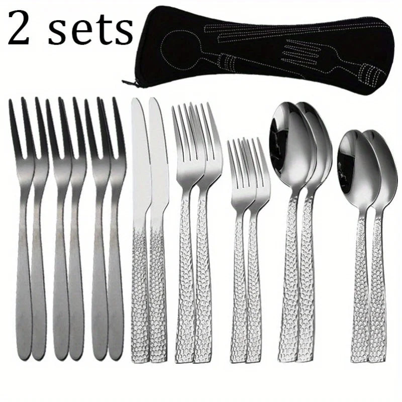 1Set 2Sets 3Sets Stainless Steel Silverware Set Creative Hammered Pattern Tableware Square Handle Flatware Kitchen Cutlery